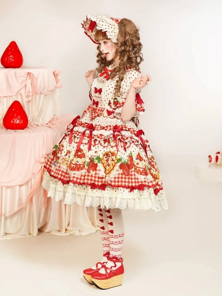 Puff Ruffle Sweet Dress Strawberry Lolita White Sleeves with Hem Red Cake Print