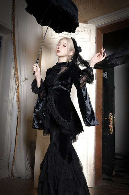 Black Embroidered Lace Blouse with Velvet V-Neck Coat and Layered Mermaid Skirt - DevilInspired Exclusive Collection