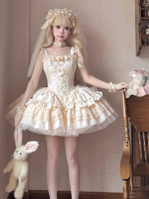 Puffkleidstoff mit baskischer Taille mit Stäbchen, Jacquard, Beige, JSK, Big Hime, Lolita, Balletcore, Schleifenschleppe