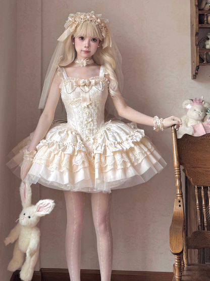 Puffkleidstoff mit baskischer Taille mit Stäbchen, Jacquard, Beige, JSK, Big Hime, Lolita, Balletcore, Schleifenschleppe