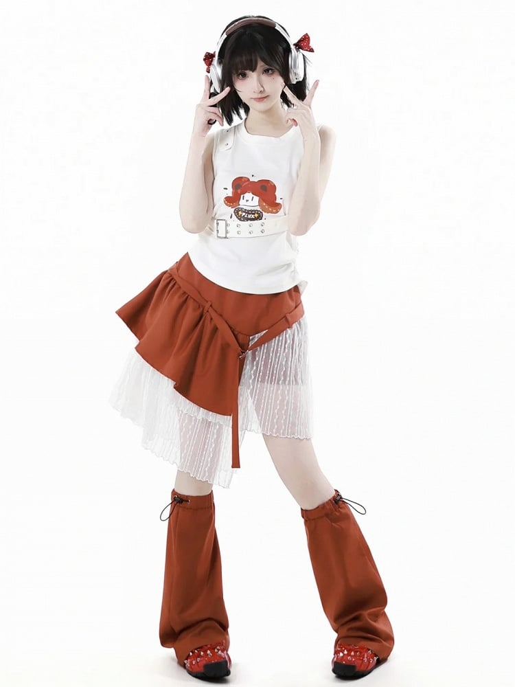 裾スカート オレンジ 伸縮性ウエスト レースパッチワーク アシンメトリー