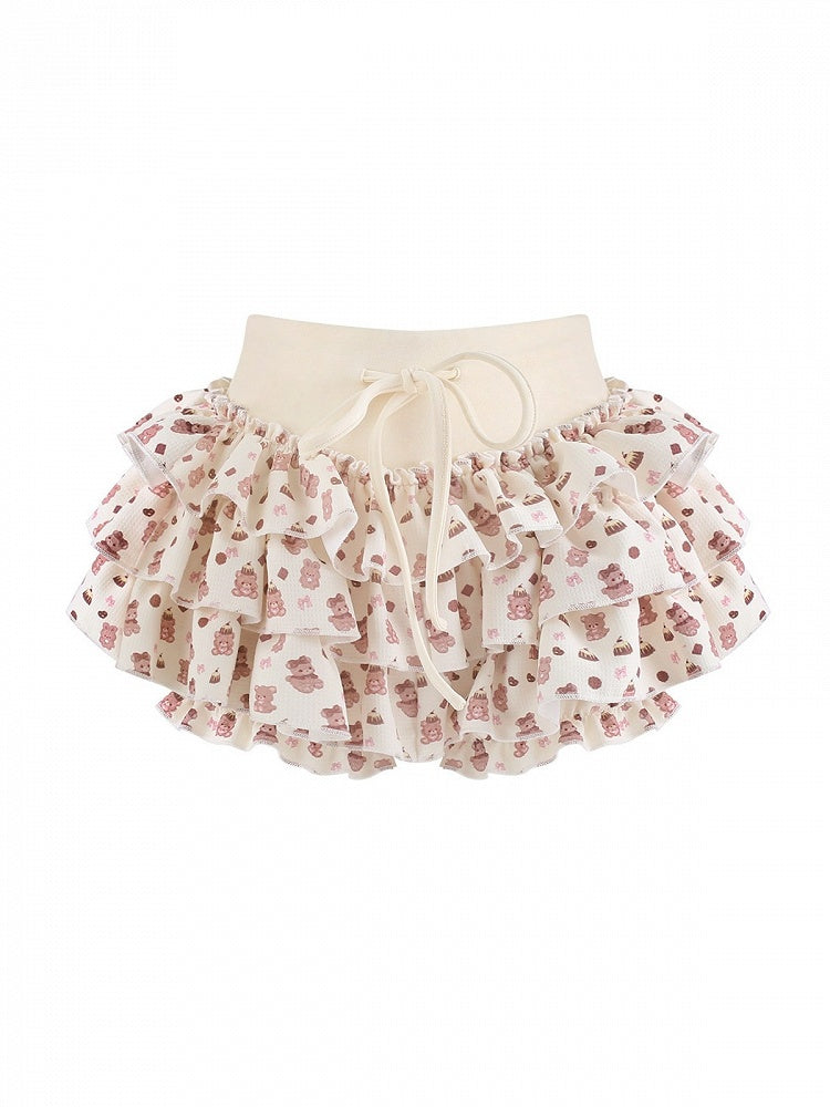 Beige Bear Print Tiered Skirt Built-In Shorts - serendipity