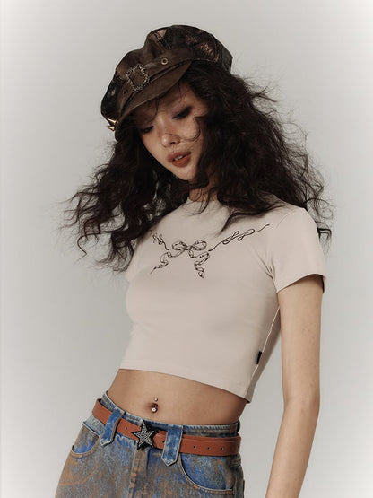 Cropped Lace with Trim Black Bow Punk Cutout Print Khaki T-Shirt Back