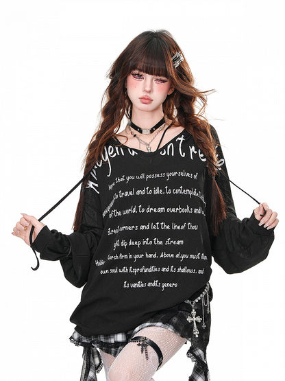 Hoodie V-Ausschnitt Schwarz/Weiß/Blau Buchstabendruck Locker Halbtransparent