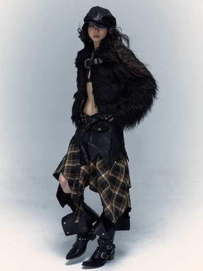 Corset Dress/Skirt: PU Studded Black 2-in-1 Hem Plaid Handkerchief Convertible Strapless