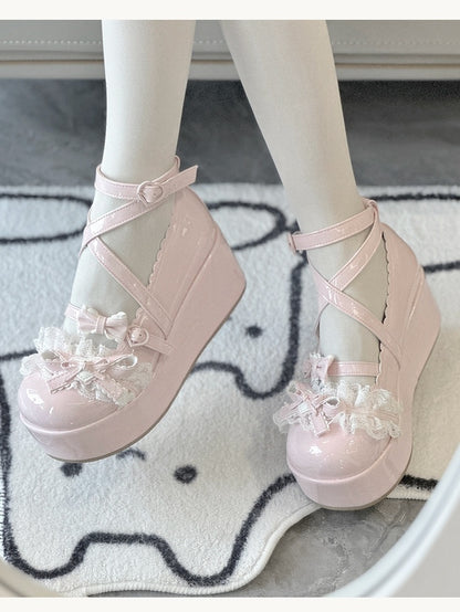 Lolita with Round Heart Buckle Leather Style Toe Pink PU Platform Shoes -