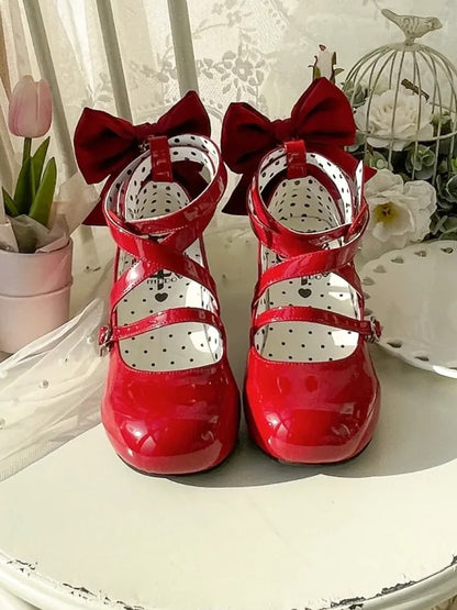 Akzentschleife, überkreuzte Absätze, mittelrotes Design, süße Zehenpartie, rund – Lolita