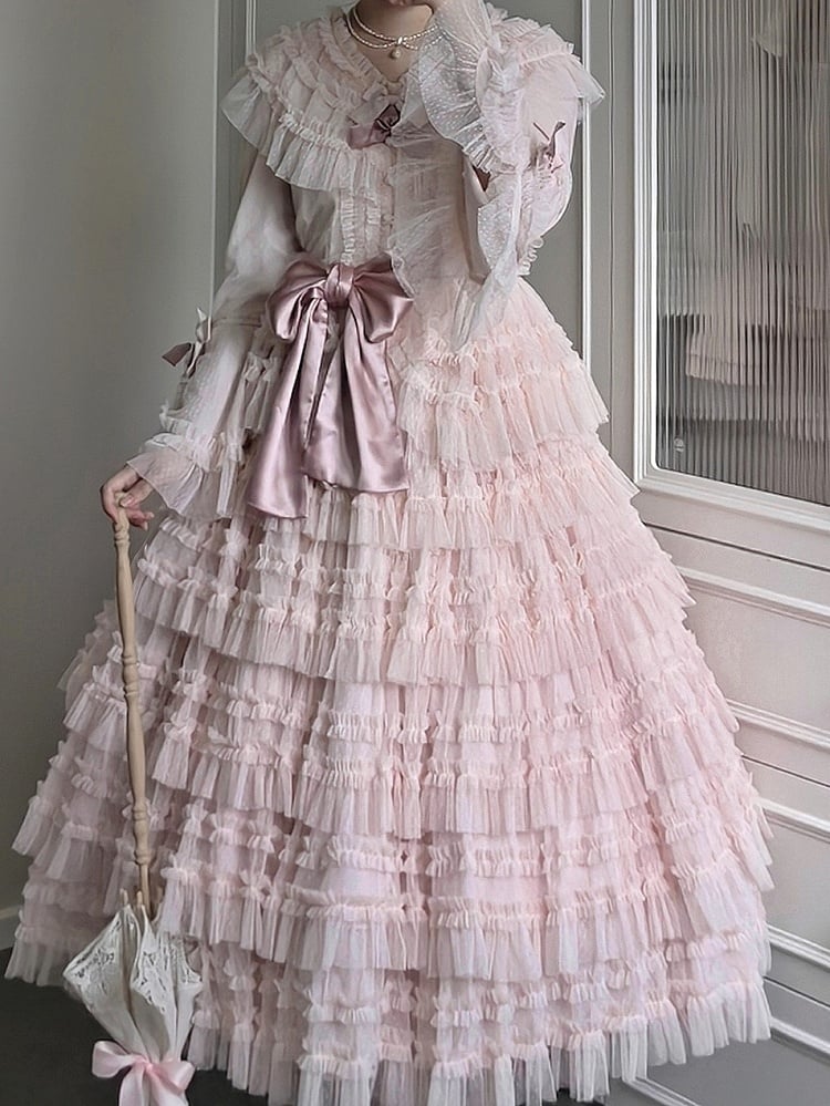 Multi-layered Set Blouse + Belt - Mesh Elegant Bell Sleeves Waist Skirt Lolita Cotton Vest Pink Classic Tulle Dotted
