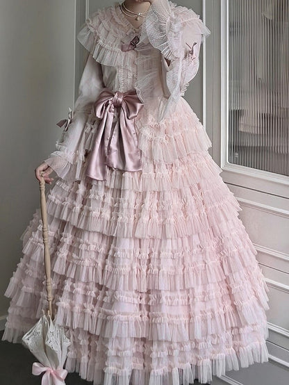 Multi-layered Set Blouse + Belt - Mesh Elegant Bell Sleeves Waist Skirt Lolita Cotton Vest Pink Classic Tulle Dotted