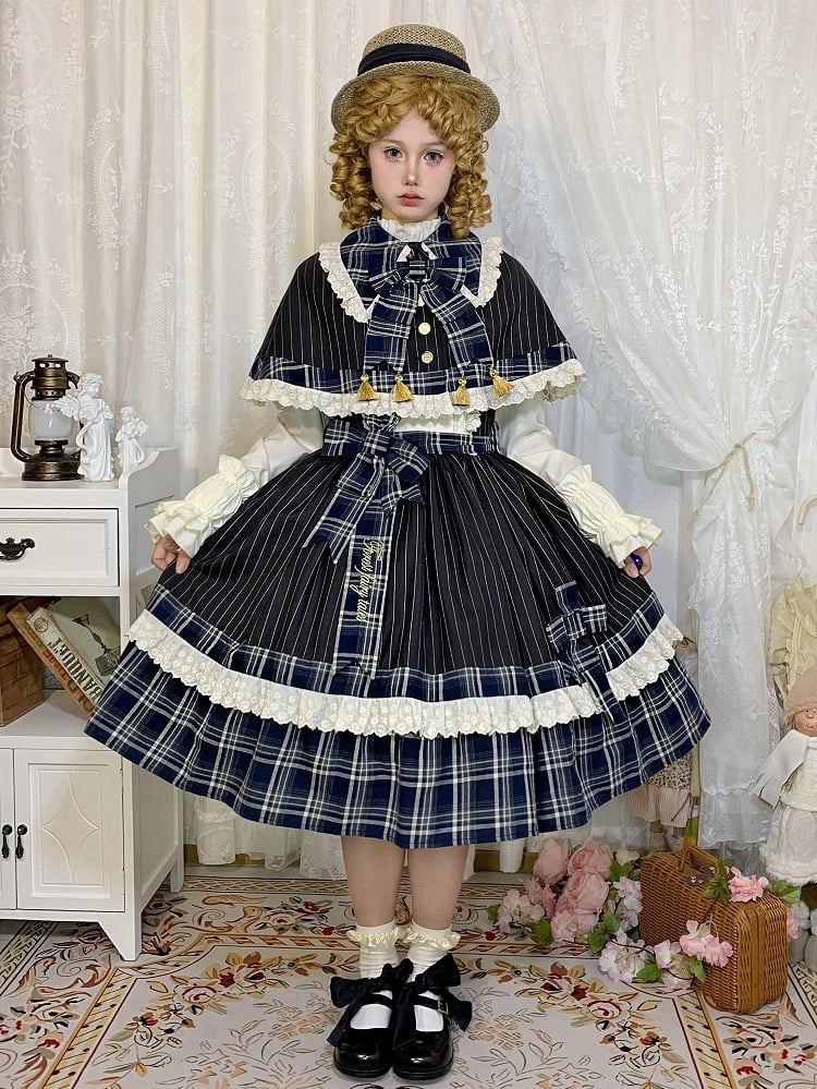 Blue Plaid and Black Striped Pattern Lolita JSK + Cape