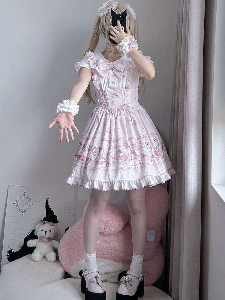 Lace-up Design Sweet Pleating Kei Details Print Pink Cat Jirai