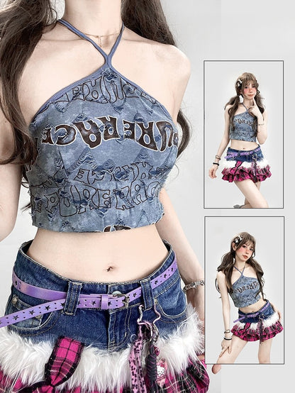 プリントホルターネックトップレターかわいいビタースイートブルーグラマラス