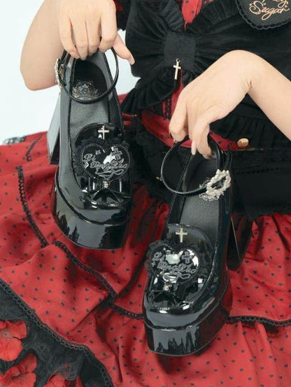 Detachable Heels High Patch Polished Cross Black Block Silver Platform Heart with Lace-trimmed Gothic Decoration