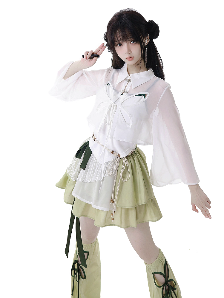 ボタンスタイルシャツ チャイナドレス 蝶型カットアウト ホワイト シースルー シフォン ノット ショートバージョン