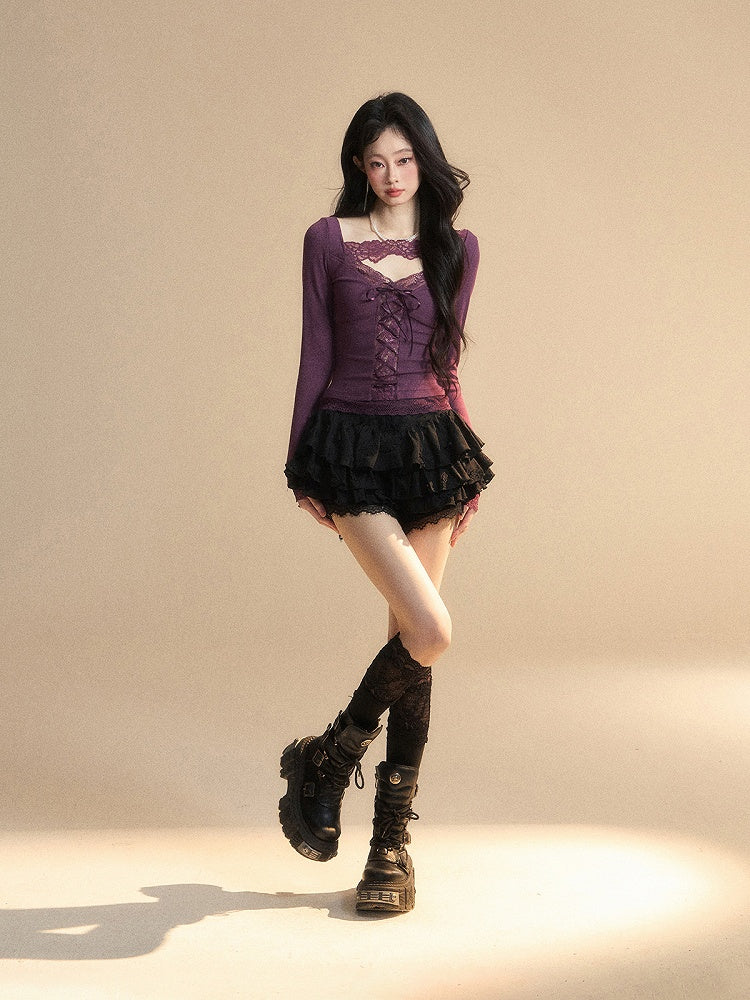 Glamouröses Top mit Schnürung, lila V-Ausschnitt, kontrastierende Spitzenaufnäher vorne