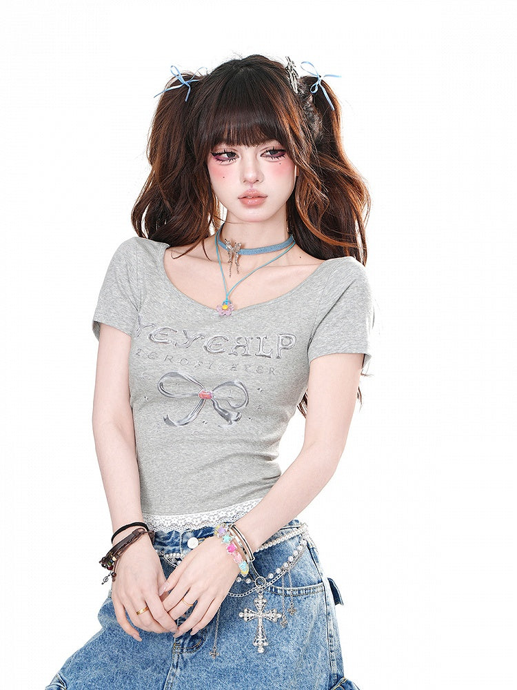 Black/Gray Bow Print Lace Trim Glamorous Cropped T-Shirt