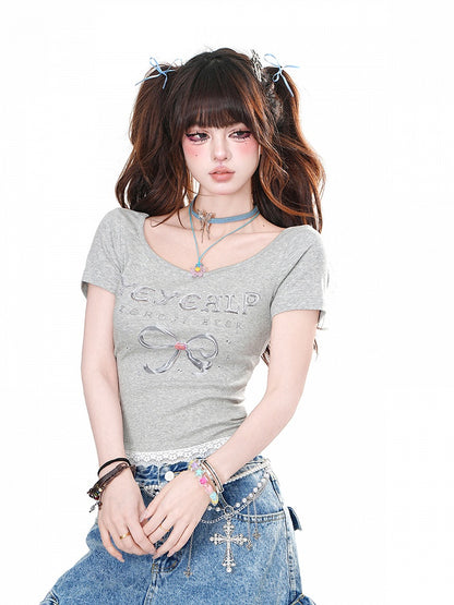 Black/Gray Bow Print Lace Trim Glamorous Cropped T-Shirt