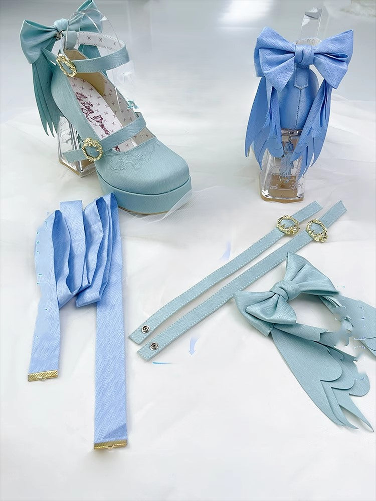 Pink Koi Fish Charm High Block Heel Satin Platform Mary Janes with Detachable Bowknot - Floating Dream Realm