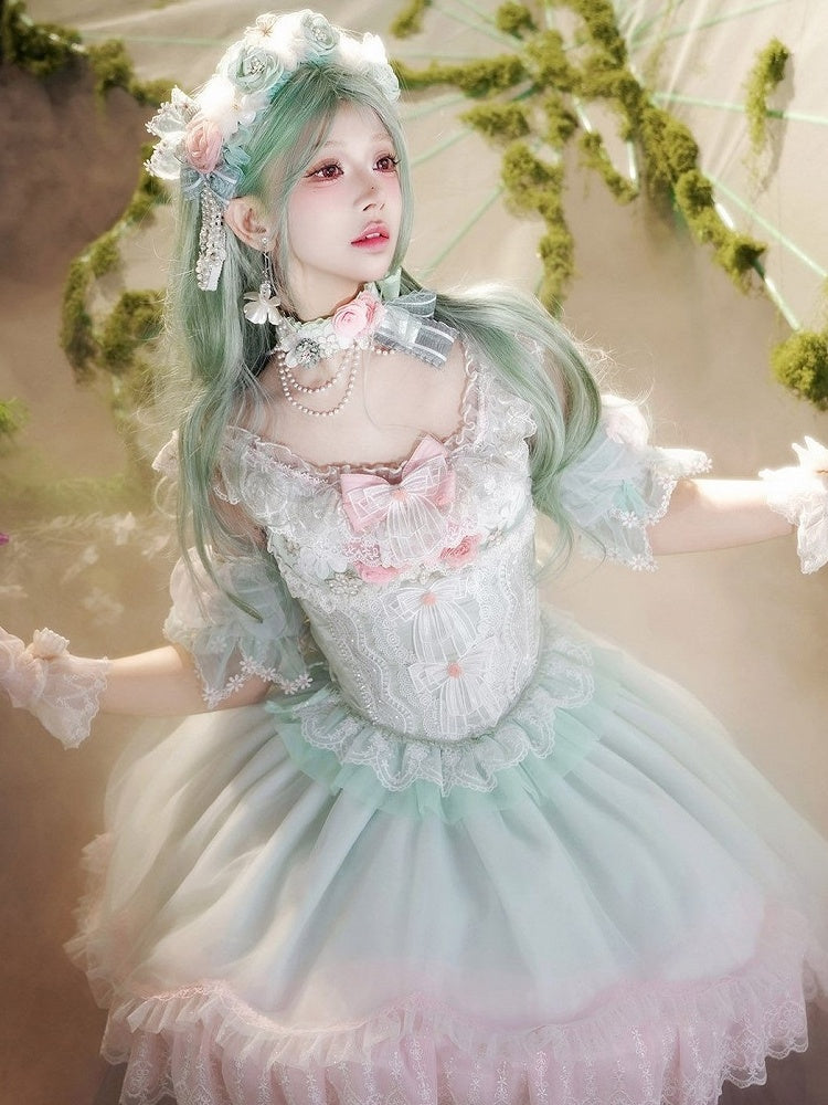 Detachable Blue Red/Green/Pink Floral Puff Lolita Trim Scalloped Sweet with Dark Edge Sleeves