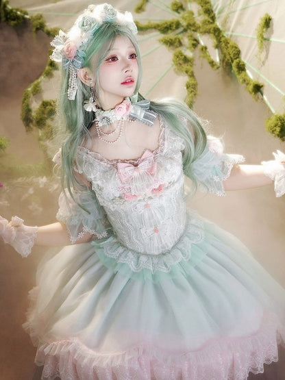 Detachable Blue Red/Green/Pink Floral Puff Lolita Trim Scalloped Sweet with Dark Edge Sleeves
