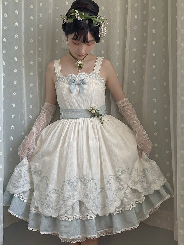 White & Blue Lace Trim JSK Dress with Bow and Belt - Rosa multiflora