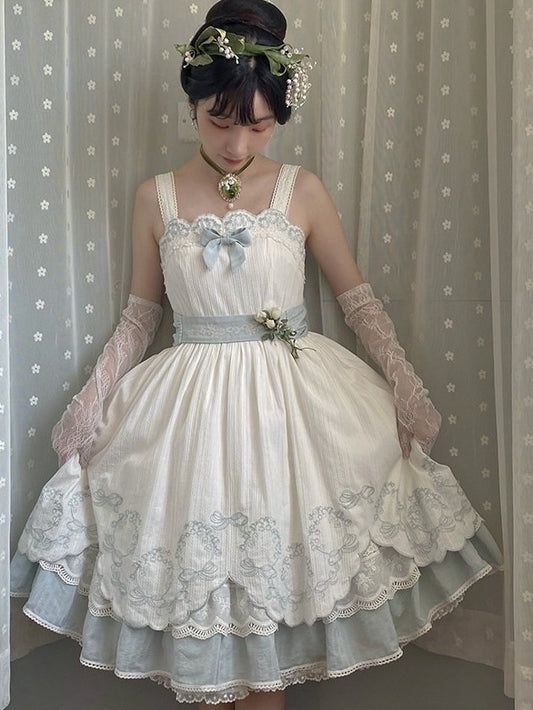 White & Blue Lace Trim JSK Dress with Bow and Belt - Rosa multiflora