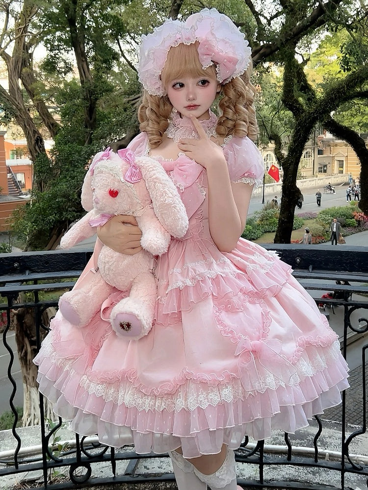 Pink Big Bowknot Bodice Princess Puff Sleeves Sweet Lolita Dress