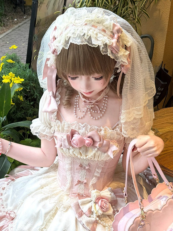 Veil Lace Bow Pink & White Lolita Hairband - Rose Weaving Poetry