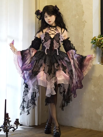 Purple Black Tulle with Hem Gothic Applique Dress Multi-Layer Halter Lolita Asymmetric Butterfly Lace-Up