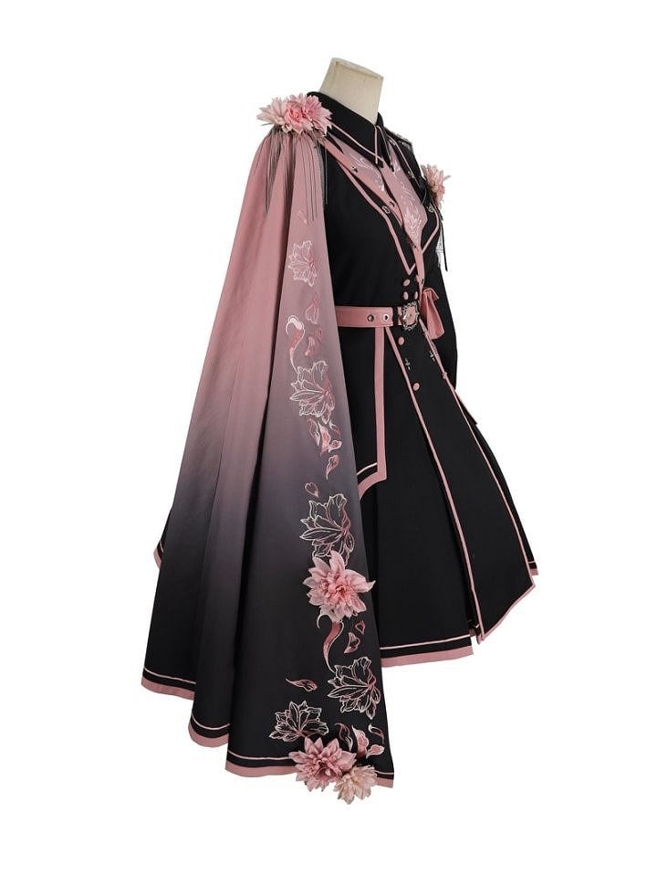 3D Shoulder Accents One with Flower Pink Black to Gradient Print Cape