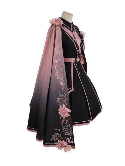 3D Shoulder Accents One with Flower Pink Black to Gradient Print Cape
