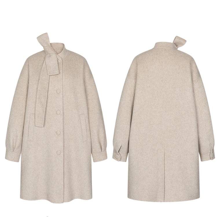 Gray Beige/Dark Vintage-Inspired Long Wool Coat with Front Button Placket and Bow Tie Collar