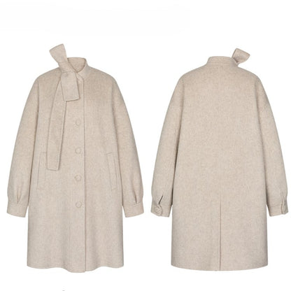 Gray Beige/Dark Vintage-Inspired Long Wool Coat with Front Button Placket and Bow Tie Collar