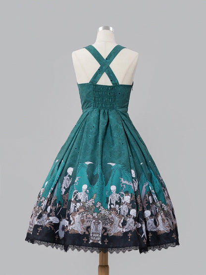 Green Skeleton Cross Gothic Lace Dress - NnSTAR