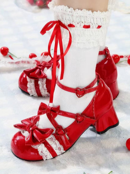Round Toe Janes for Details Accents Lolita Mary - Mid-heel with Red Heel Cat-shaped Bow Lace