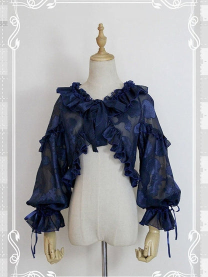 Navy Blue Balloon Sleeve Adjustable Cuff Jacket with Ruffle & Bow