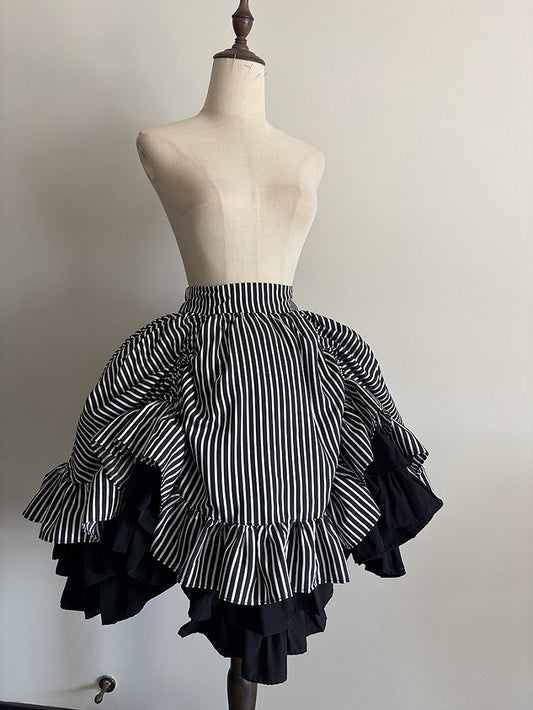 Black White Striped Gothic Lolita Layered Drawstring Skirt - Flower Fairy Daily