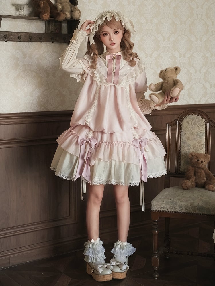 with Belt Pink Waist Versatile and Drawstring Lolita Bows Design Fashion Dress