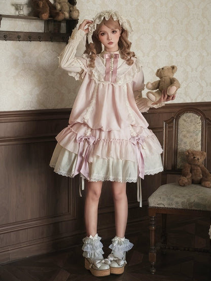 with Belt Pink Waist Versatile and Drawstring Lolita Bows Design Fashion Dress