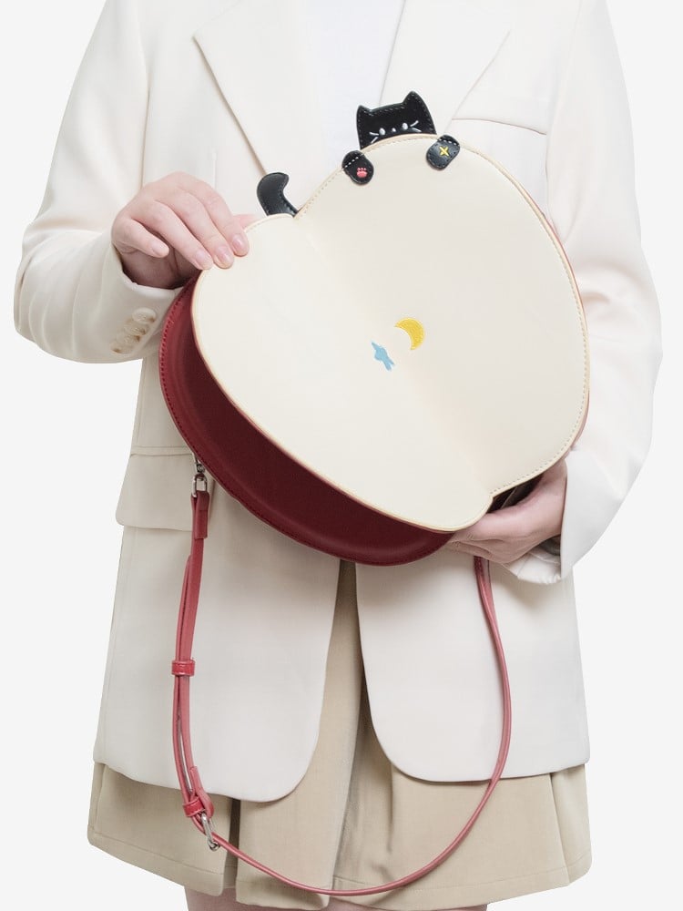 Red Flip Moon 2-Way Apple And Embroidery Playful Star With Core Cat Backpack