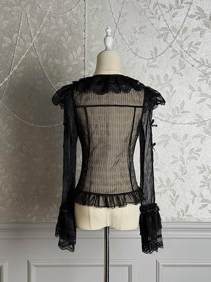 Black Semi-sheer Bowknots Long Sleeves Blouse - Twin Bear Original Design