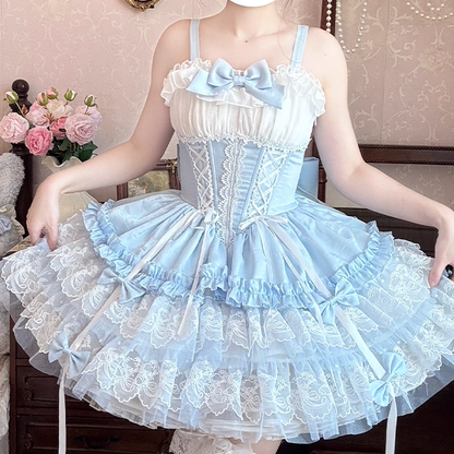 Layered Big Balletcore Lace-up Boned Waist Sweet Lolita Jumper Train Bow Skirt Blue White with Hem Lace and