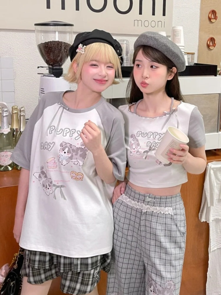 Gray Adorable Puppy Print Bowknot Long/Short Detail Version T-Shirt