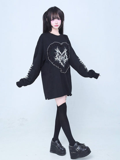 Jirai Black Ruffle Printed Kei Long-Sleeve Heart Trim T-Shirt