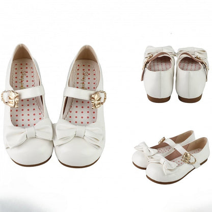 Bow with Heart Bear Hugging Buckles Flats Top at White Sweet Lolita