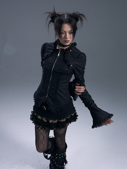 Schwarzes Gothic-Vintage-Top mit Spitzenbesatz und Reißverschluss