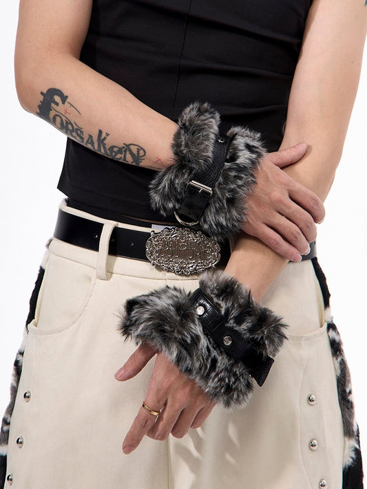 Unisex Fur Stud - Detail Patchwork Cuffs Dual Wrist Punk