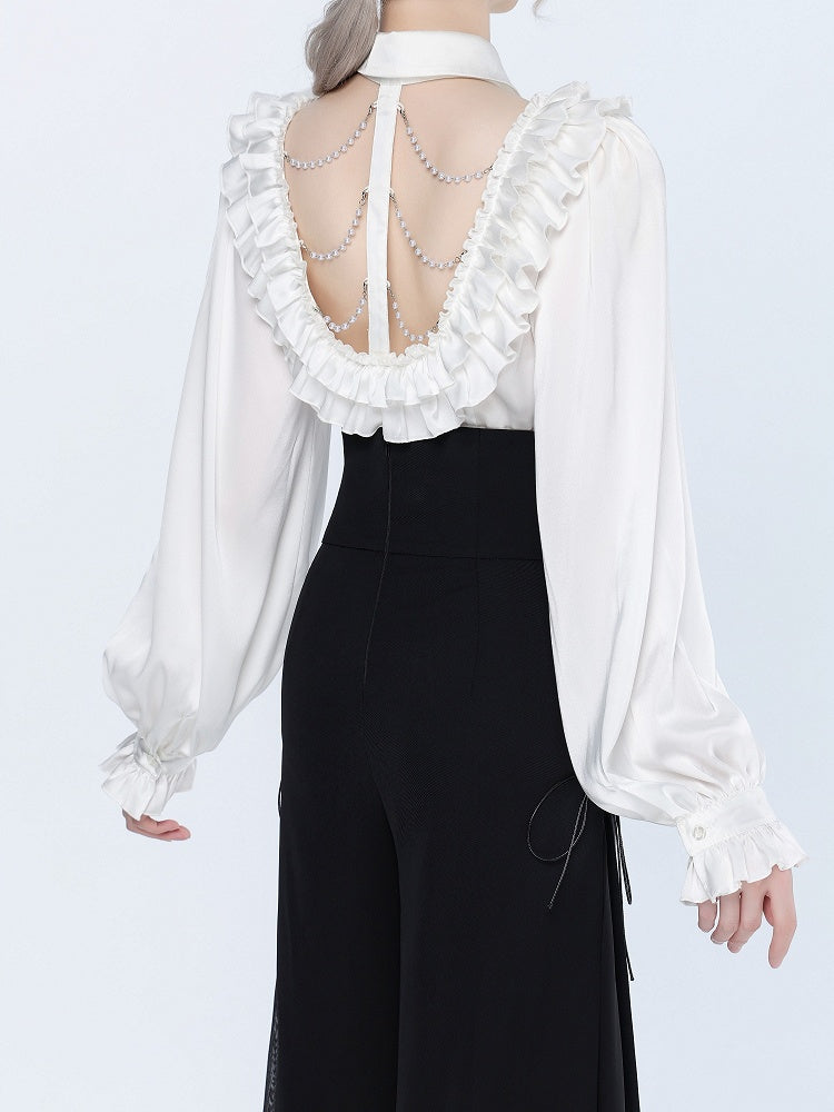 All White Cascading Ruffles V-neck Long Sleeves Backless Shirt with Bead Chains - DevilInspired Exclusive Collection