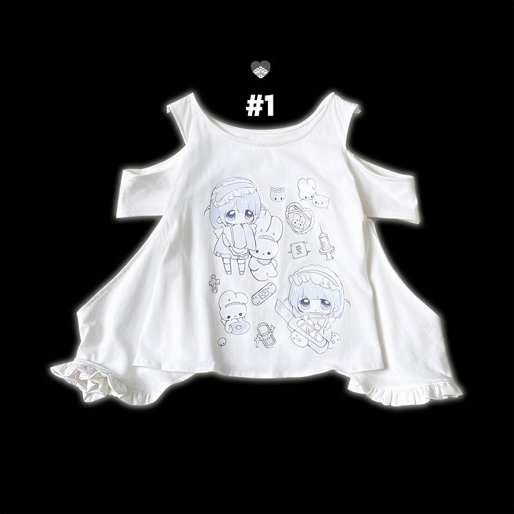 Jirai Kei T-Shirt Yami Kawaii Cartoon Print Ausschnitt Schulter Weiß