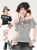 Gray/Navy Off-the-shoulder Blue T-shirt Neckline Letter Slim-fitting Print